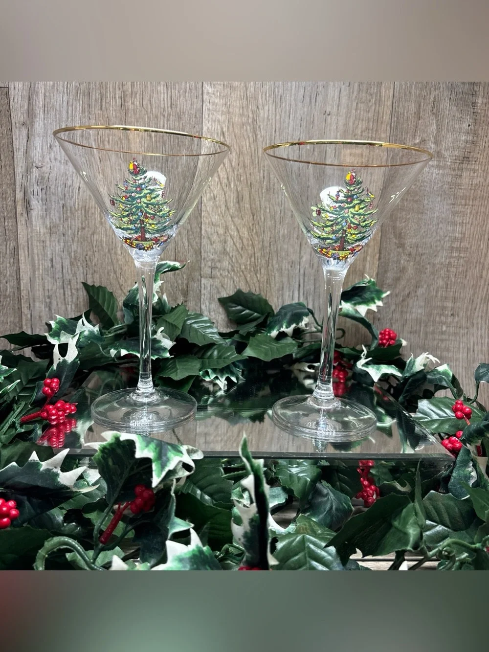 Spode ChristmasTree Martini Glass Gold Rim Single Stem Set Of 2Holiday Cocktails